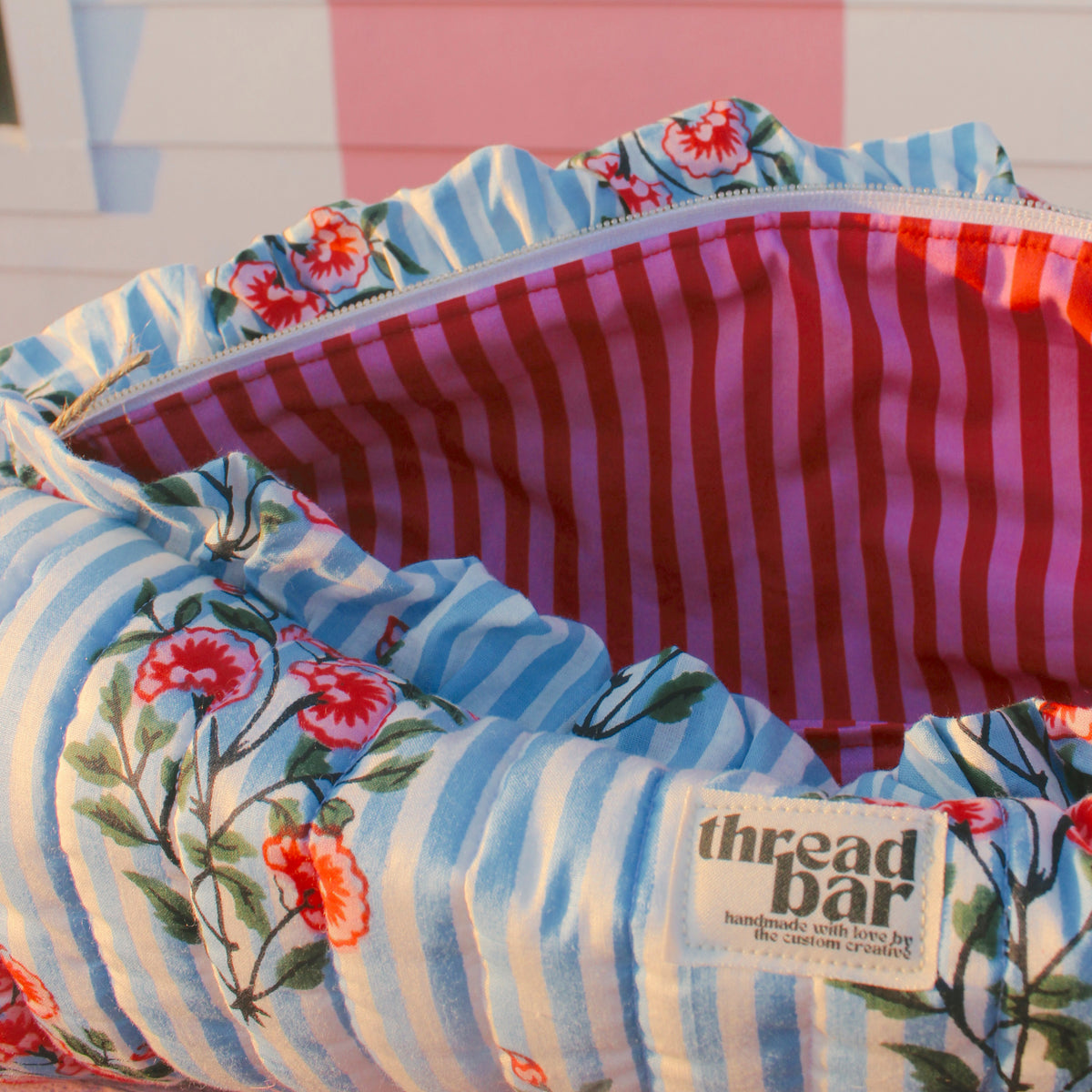Blue Stripe Floral Hair Tools Bag