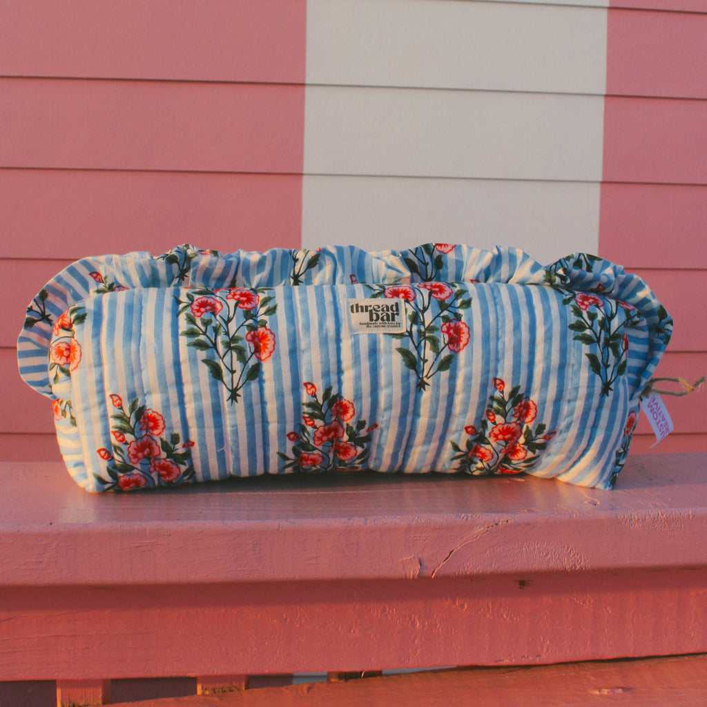 Blue Stripe Floral Hair Tools Bag