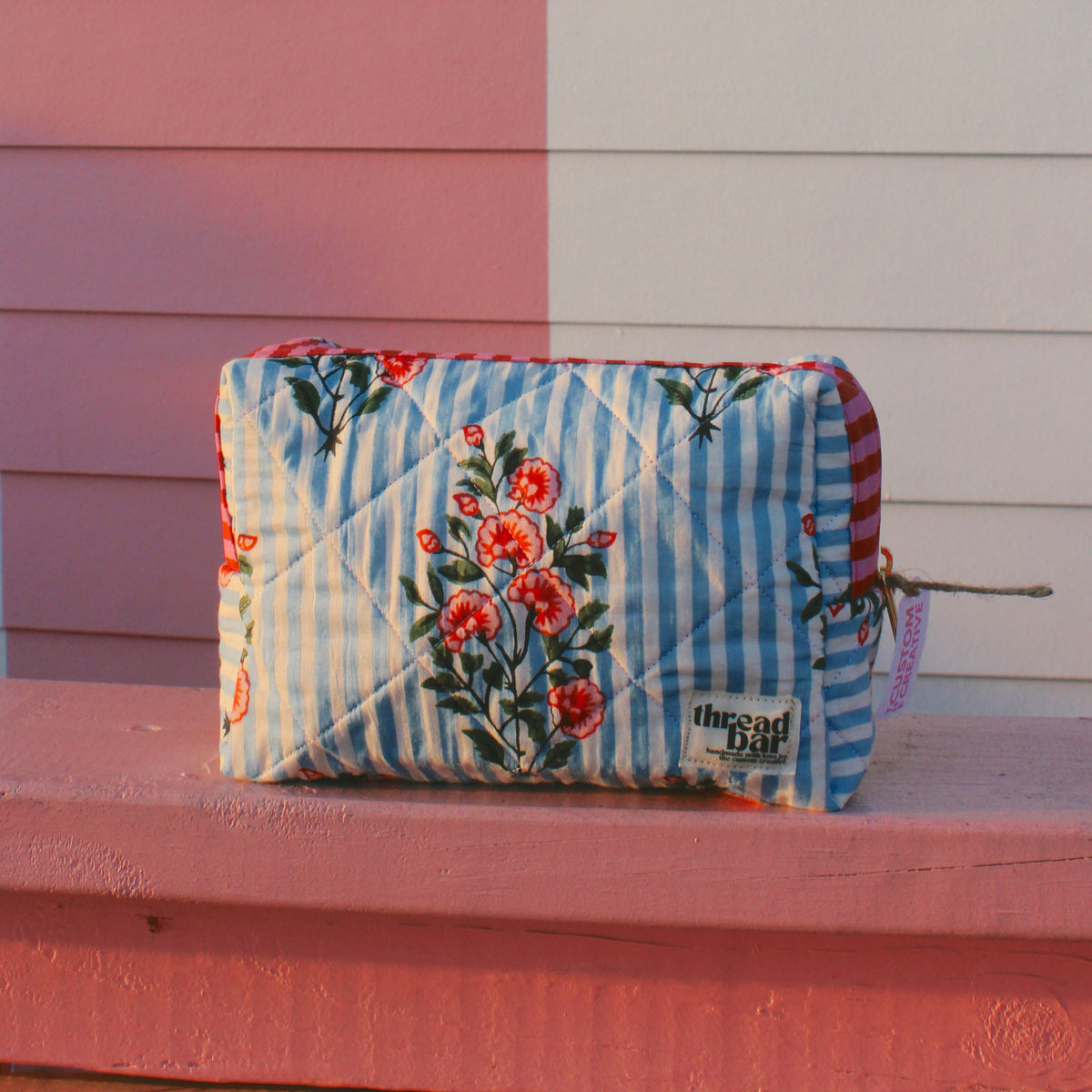 Large Blue Stripe Floral Classic Bag